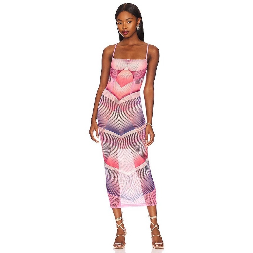 AFRM Esmond Mesh Midi Dress Modern Geo Pink Geometric Bodycon Small NEW